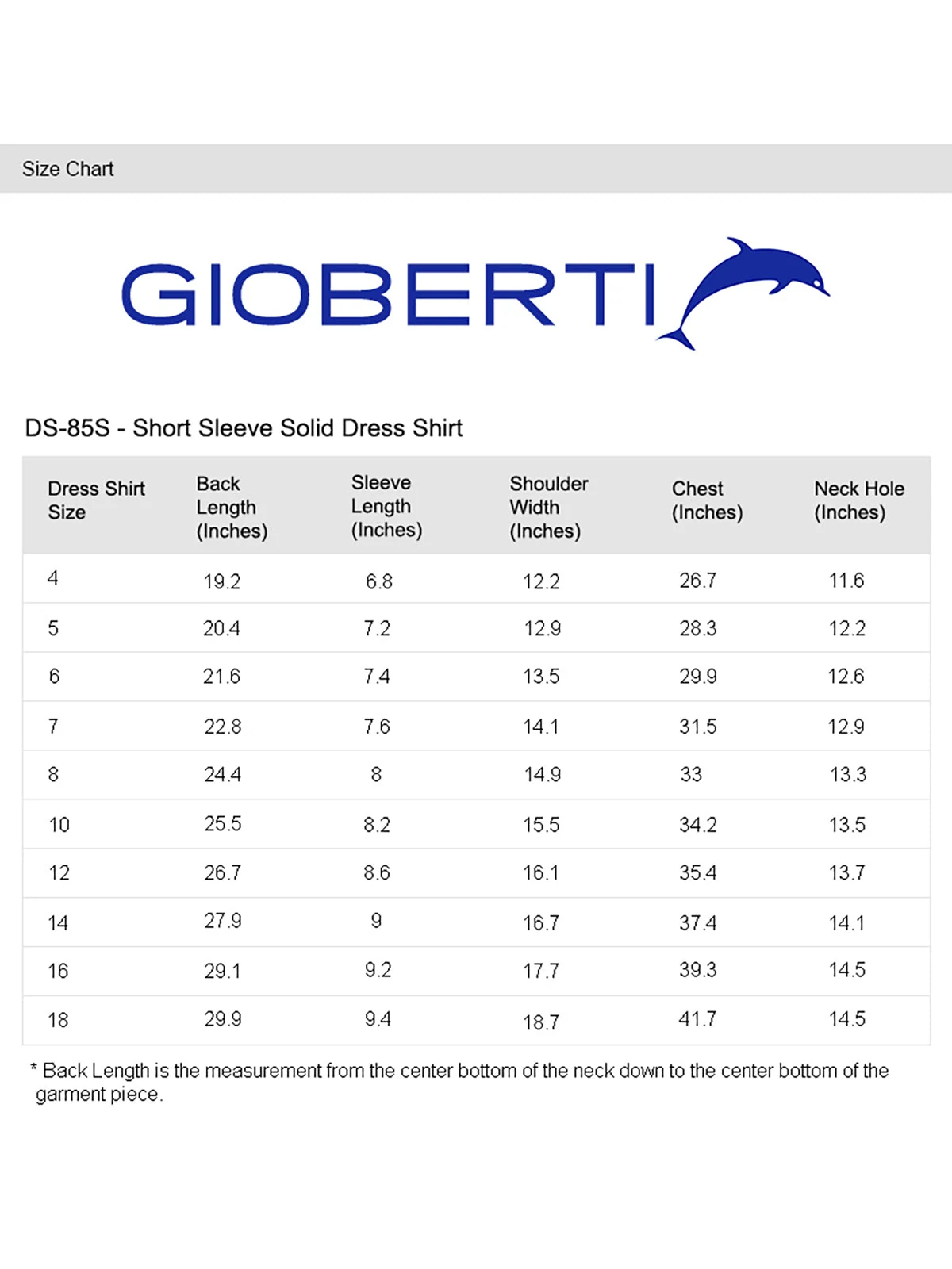 Boy's Short Sleeve Shirt size chart