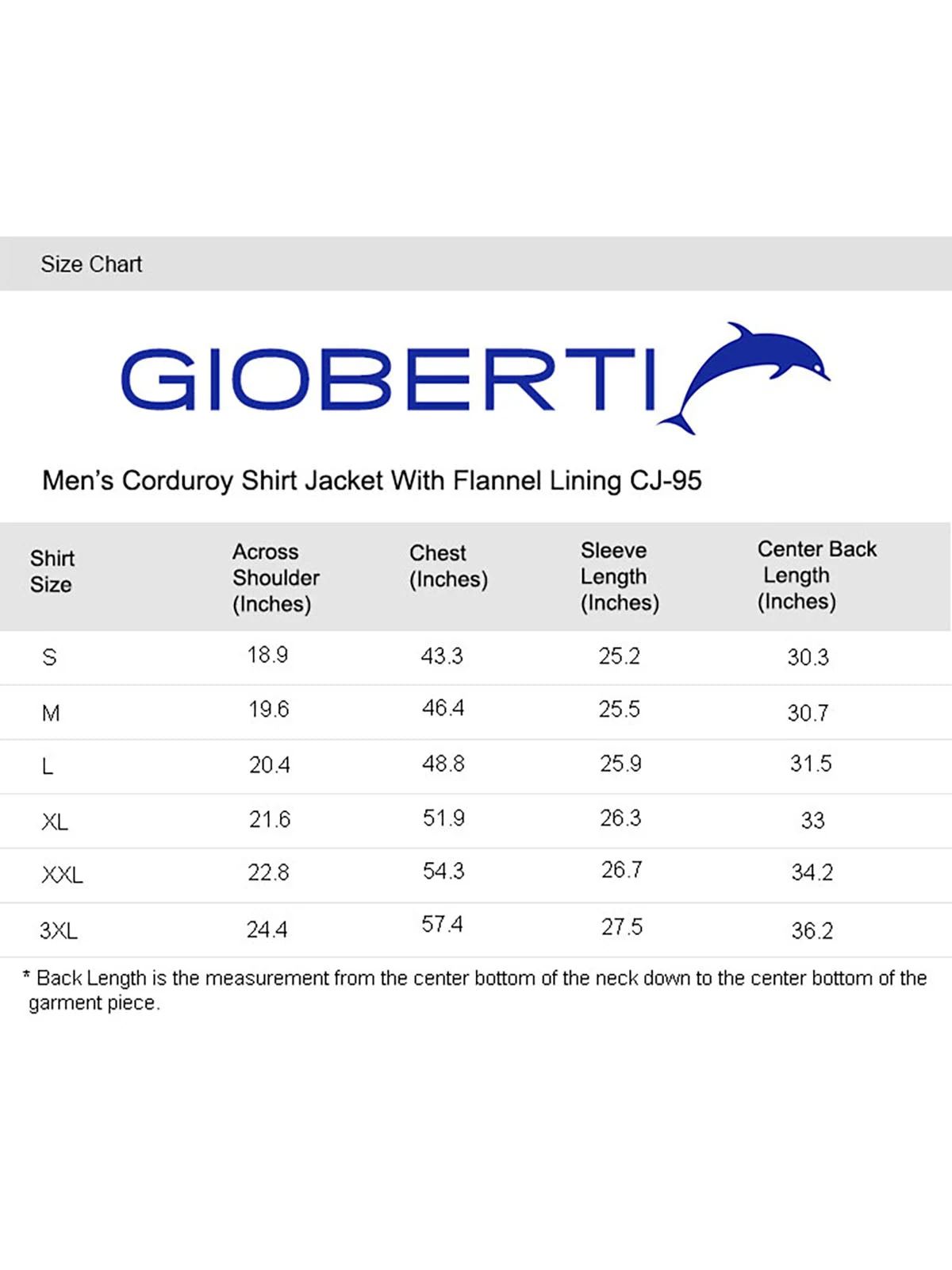 Men's Corduroy Jacket with Flannel Lining size chart