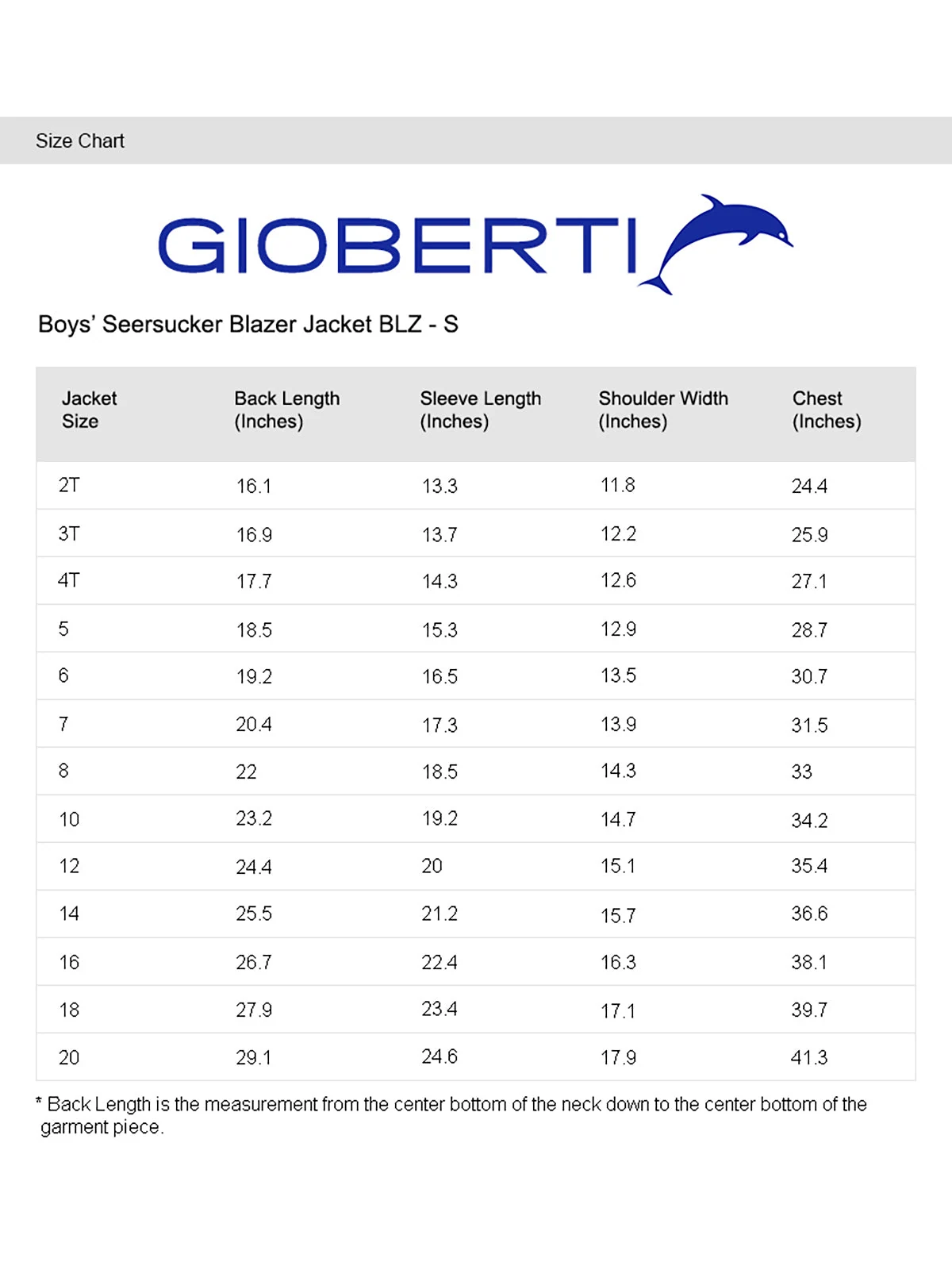 Boy's Seersucker Blazer size chart