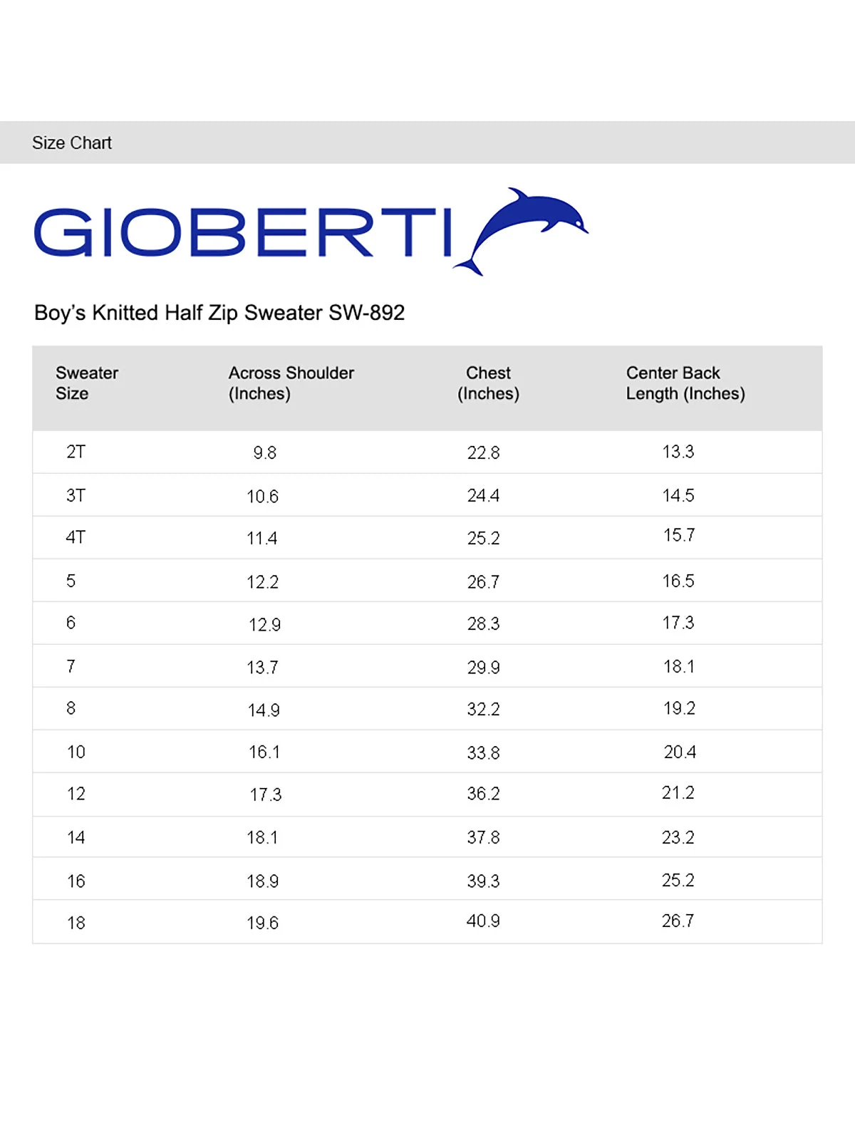Boy's Half Zip Sweater size chart