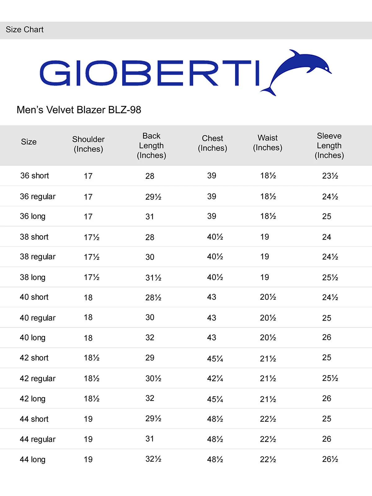 Men's Velvet Blazer size chart