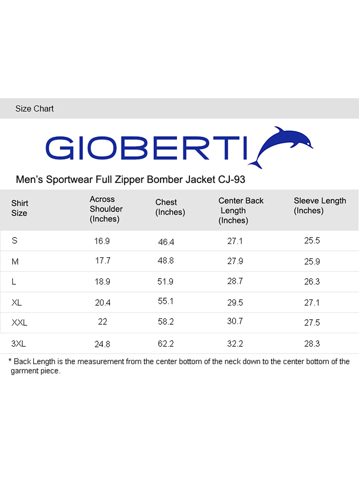 Men's Twill Bomber Jacket size chart