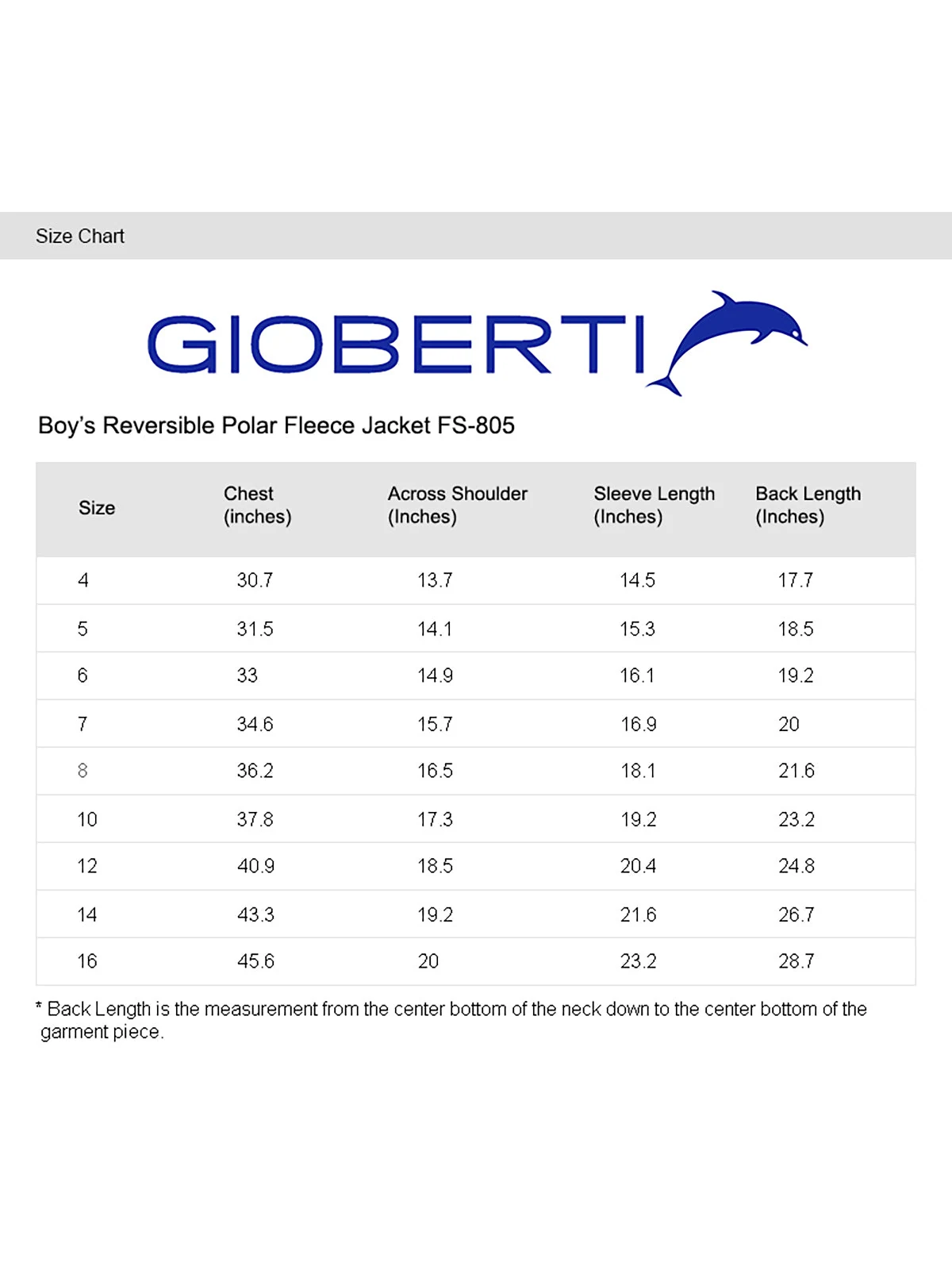 Boy's Reversible Jacket size chart