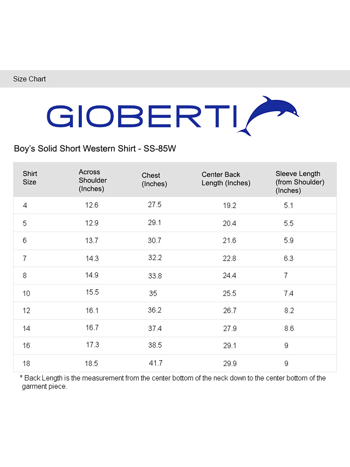 Boy's Solid Western Shirt size chart
