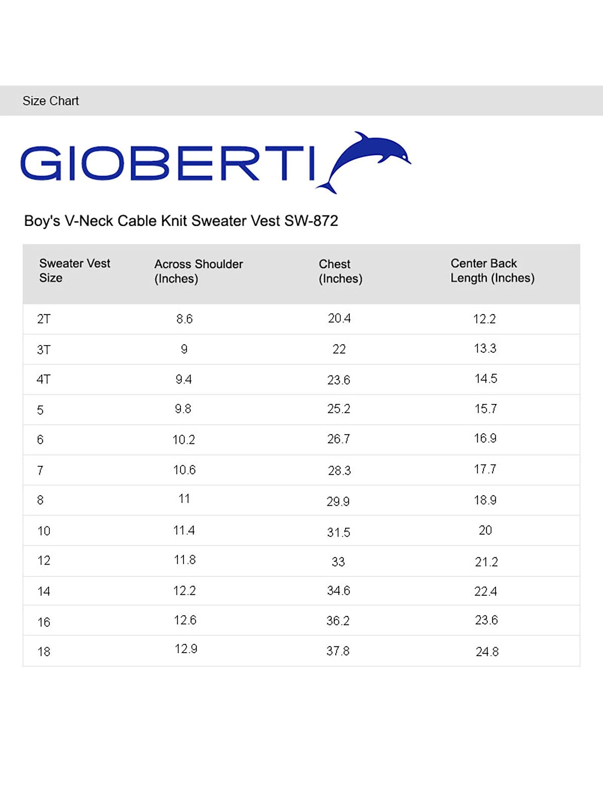 Boy's V-Neck Cable Knit Vest size chart