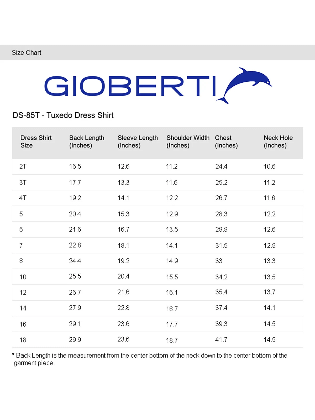 Boy's Tuxedo Shirt Set size chart