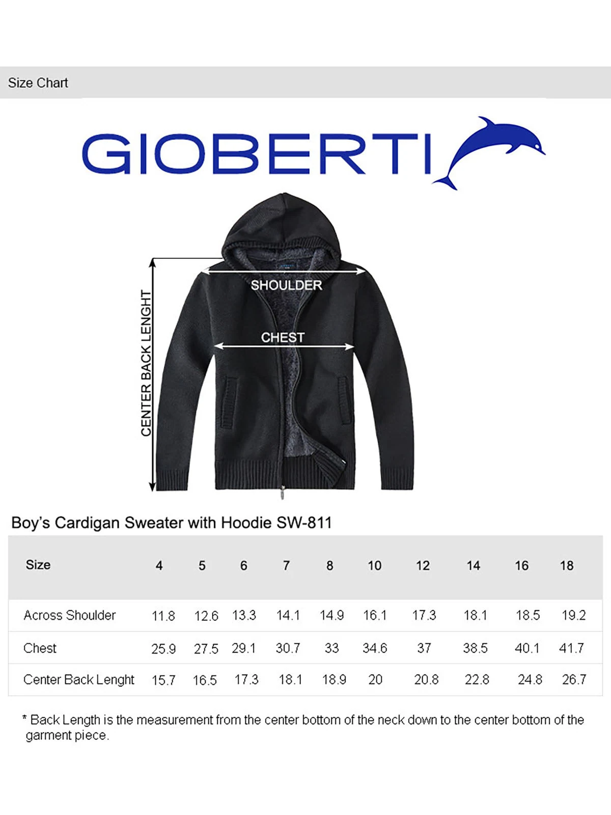 Boy's Knitted Cardigan Sweater size chart