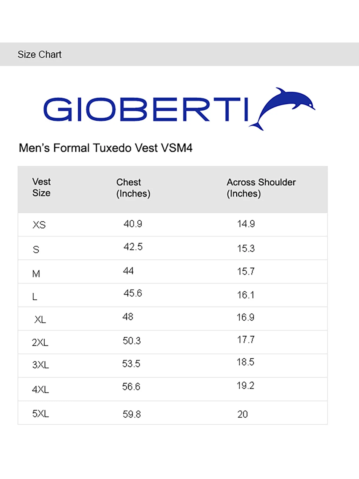 Men's 4 pc Formal Vest Set size chart