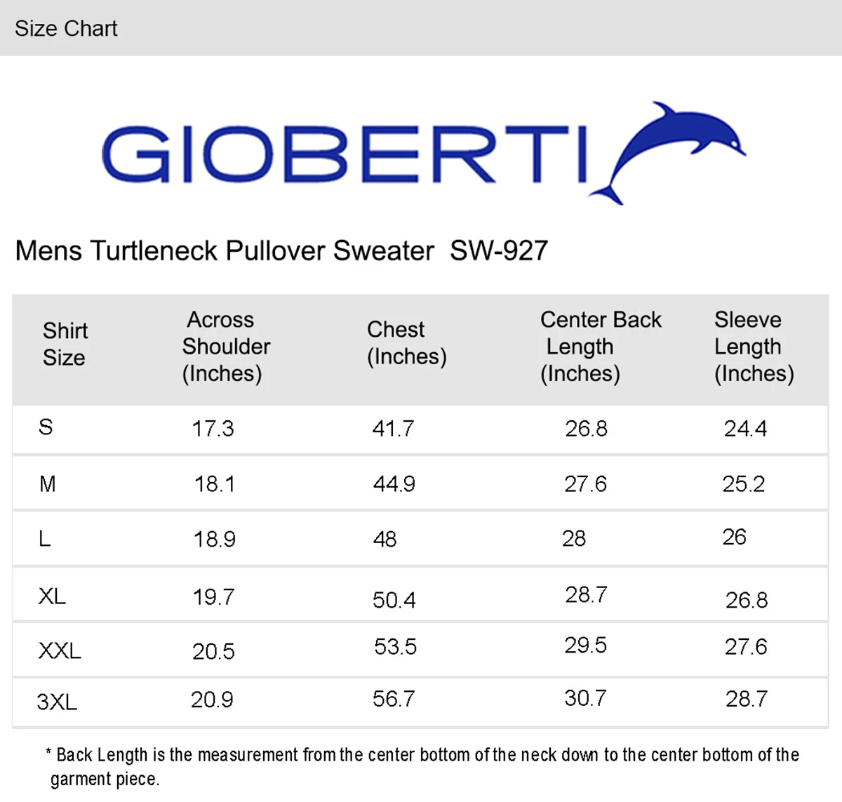 Men's Knitted Turtleneck Sweater size chart