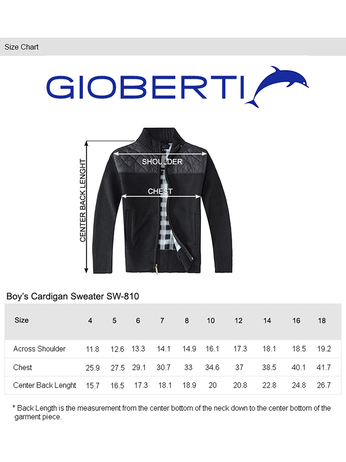 Boy's Knitted Cardigan Sweater size chart