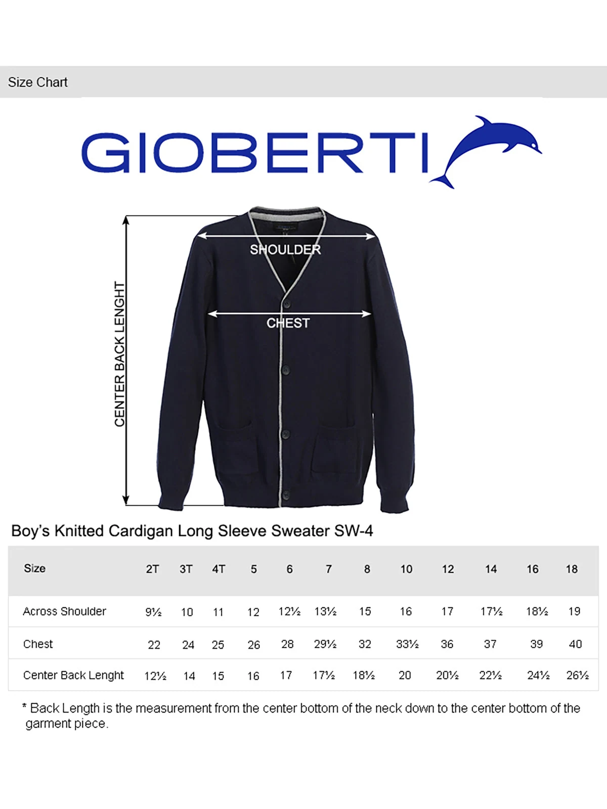 Boy's Knitted Cardigan Sweater size chart