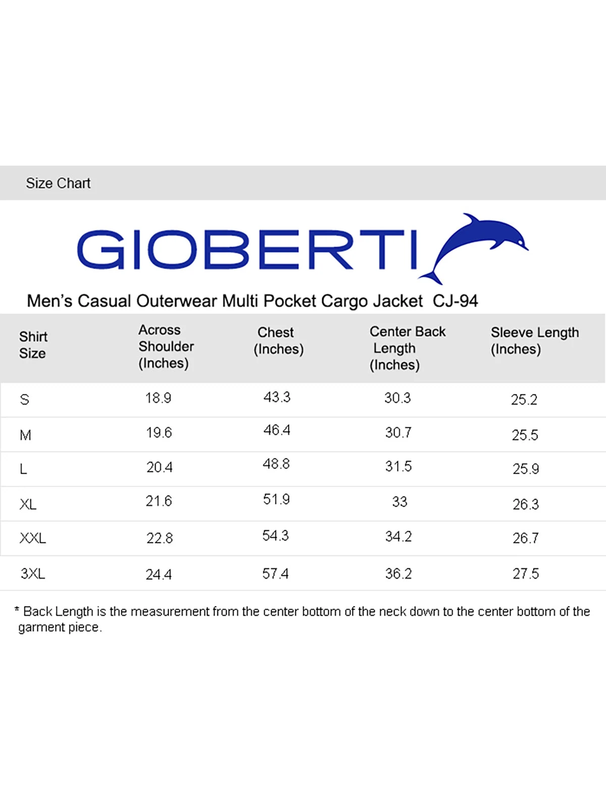 Men's Cargo Shirt Jacket size chart