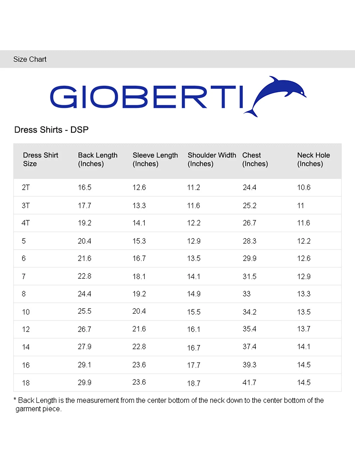 Boy's Long Sleeve Shirt size chart