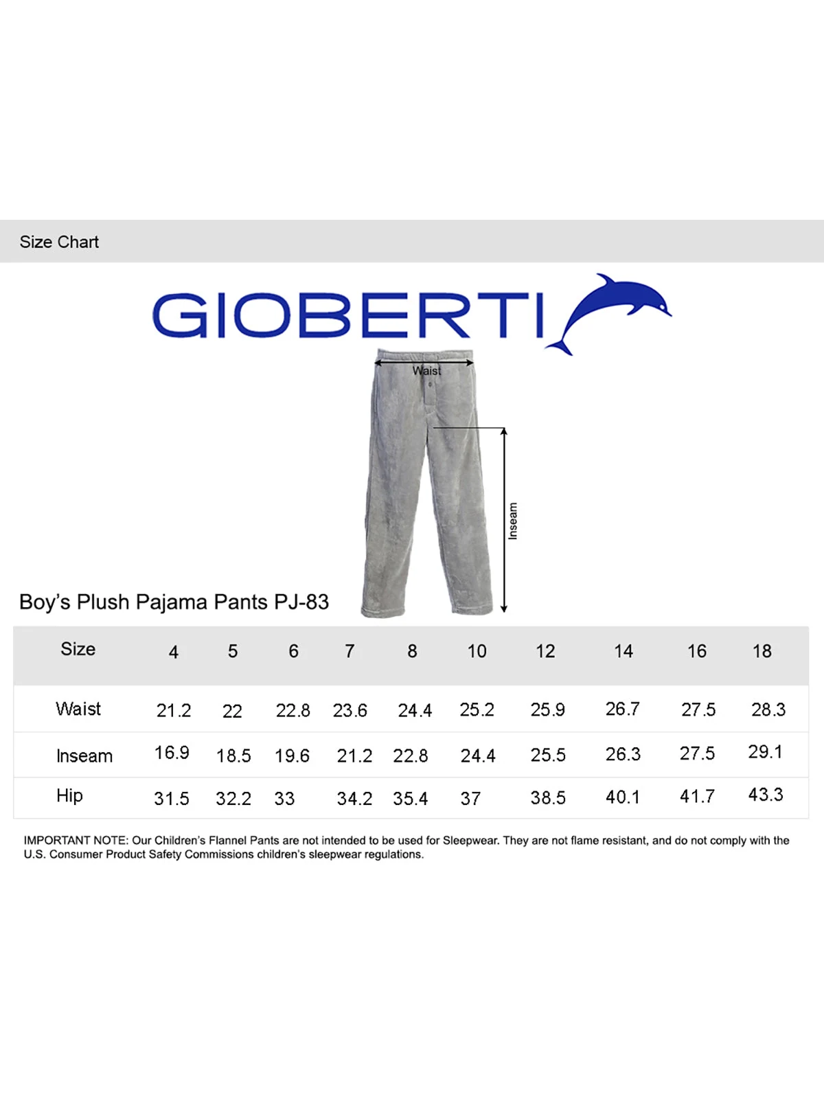 Boy's Plush Pajama Pants size chart