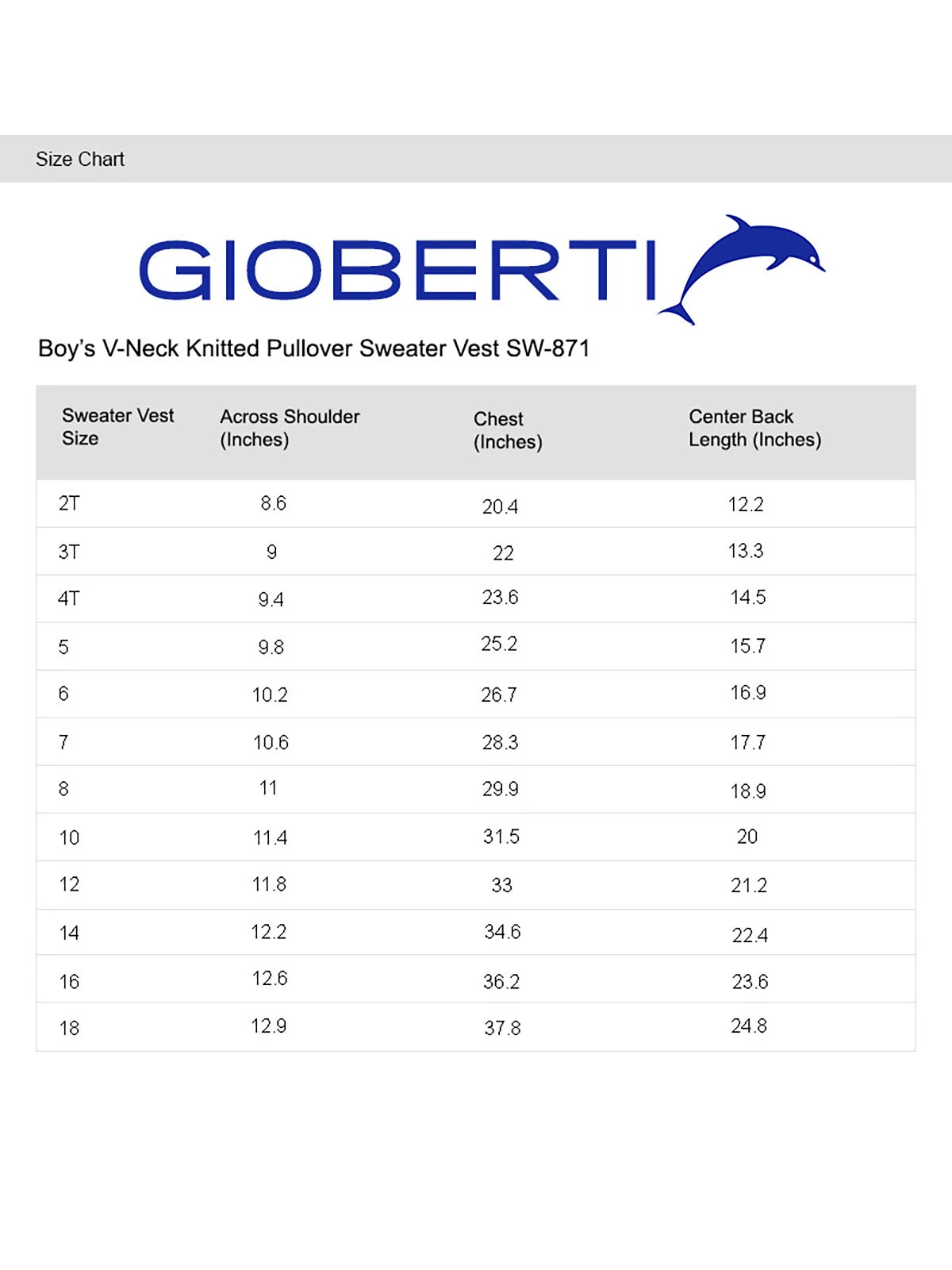 Boy's V-Neck Knitted Vest size chart
