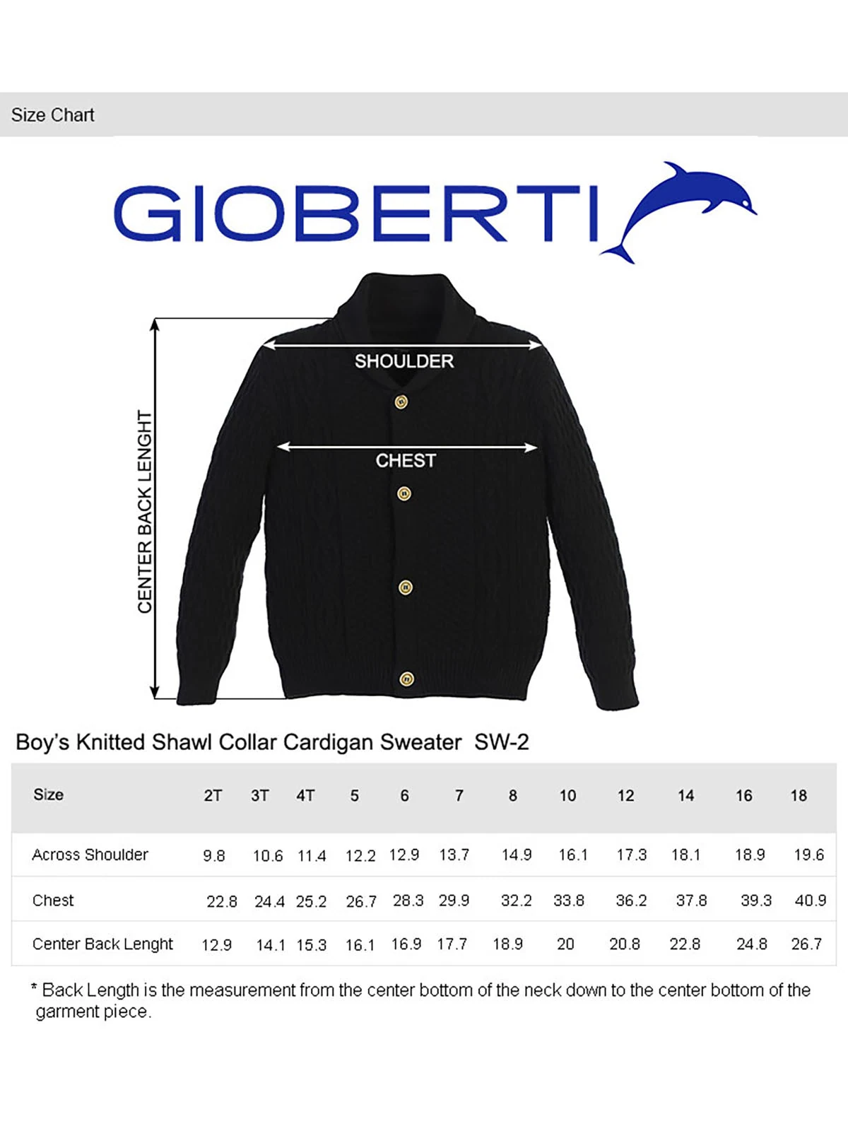 Boy's Shawl Collar Cardigan Sweater size chart