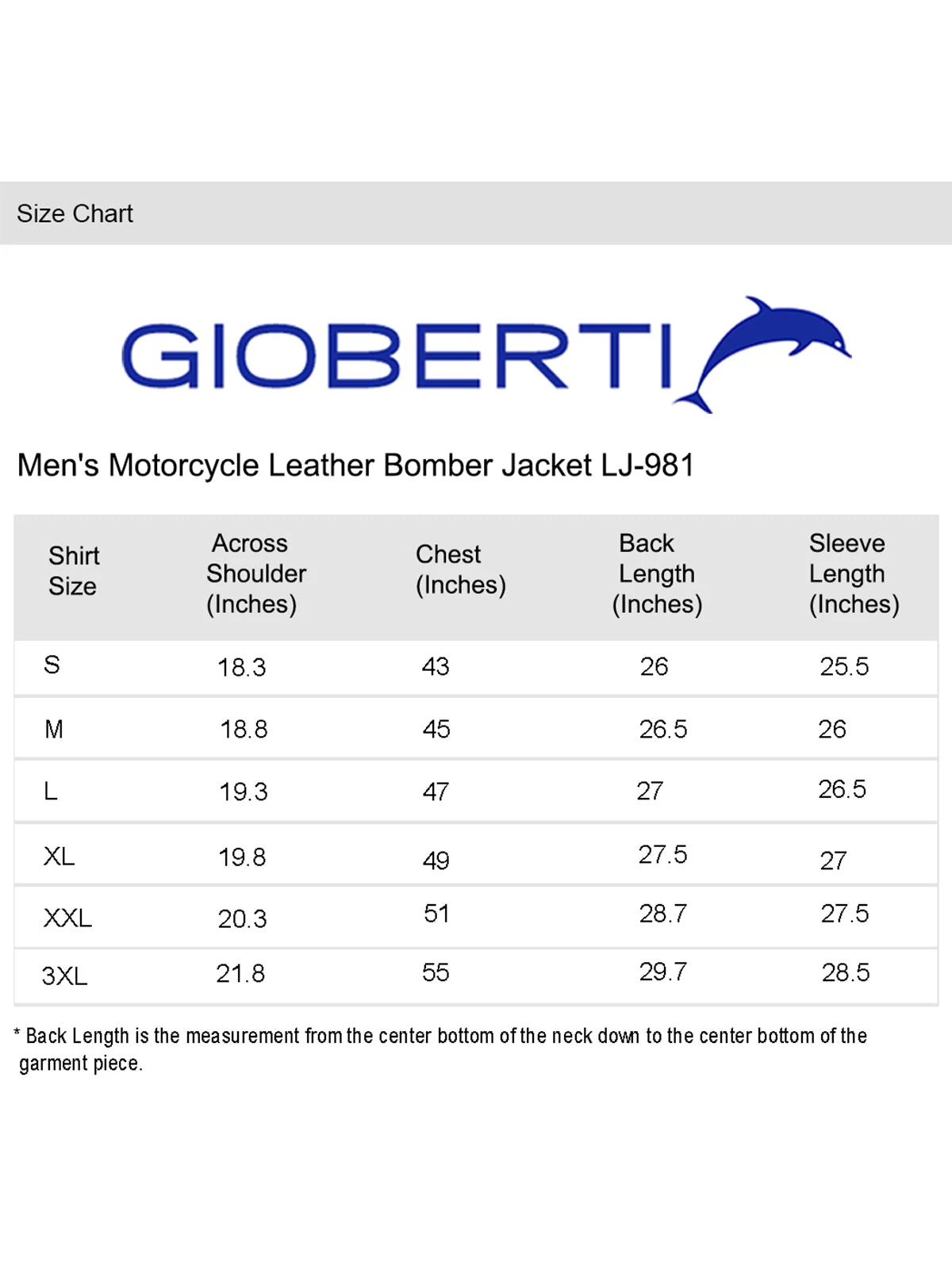 Men's Motorcycle Leather Jacket size chart