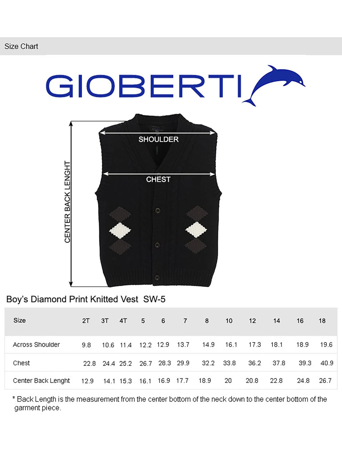 Boy's Knitted Cardigan Vest size chart