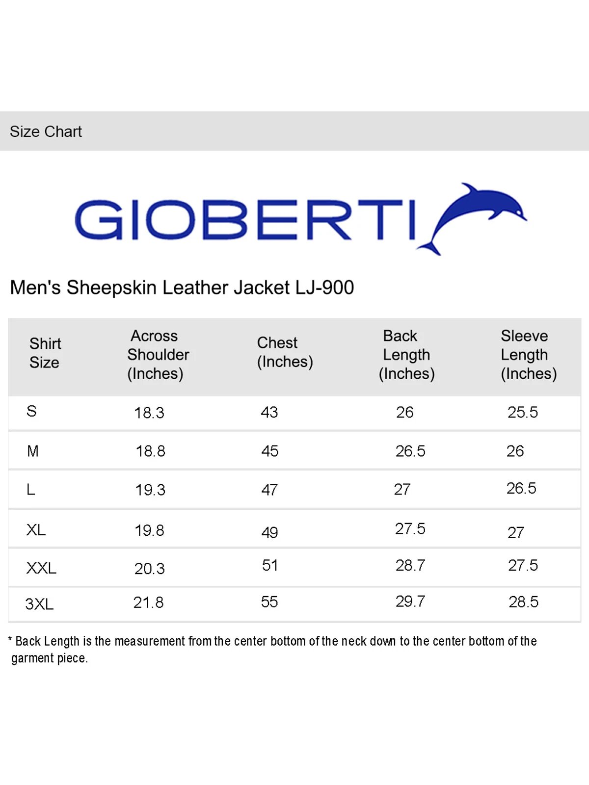 Men's Sheepskin Leather Jacket size chart