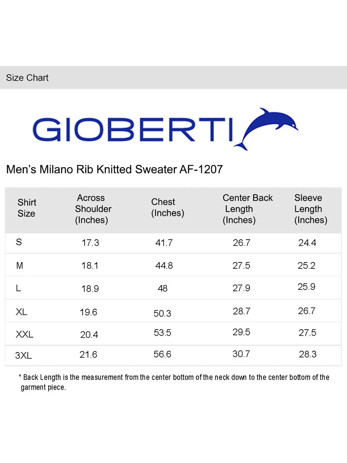 Men's Milano Rib Knitted Sweater size chart