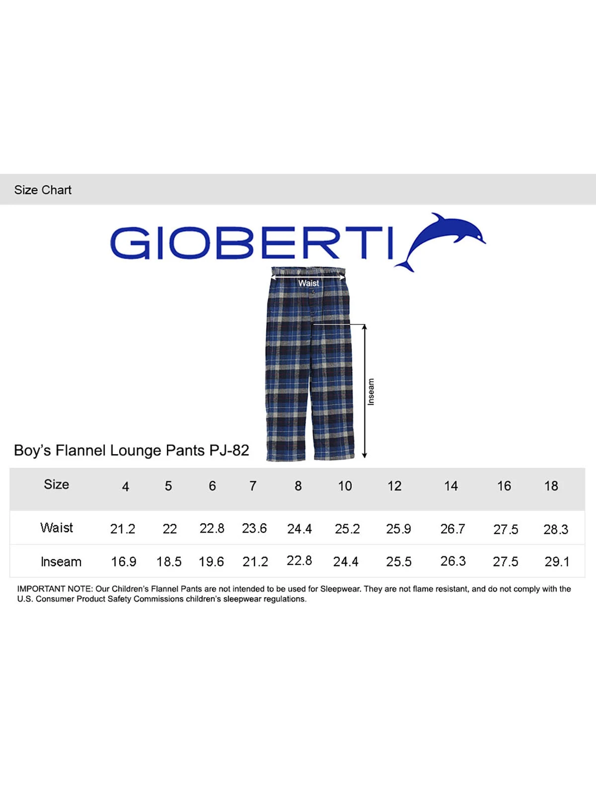 Boy's Solid Flannel Pajama Pants size chart