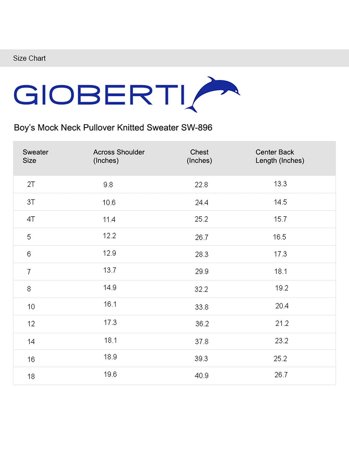 Boy's Mock Neck Sweater size chart