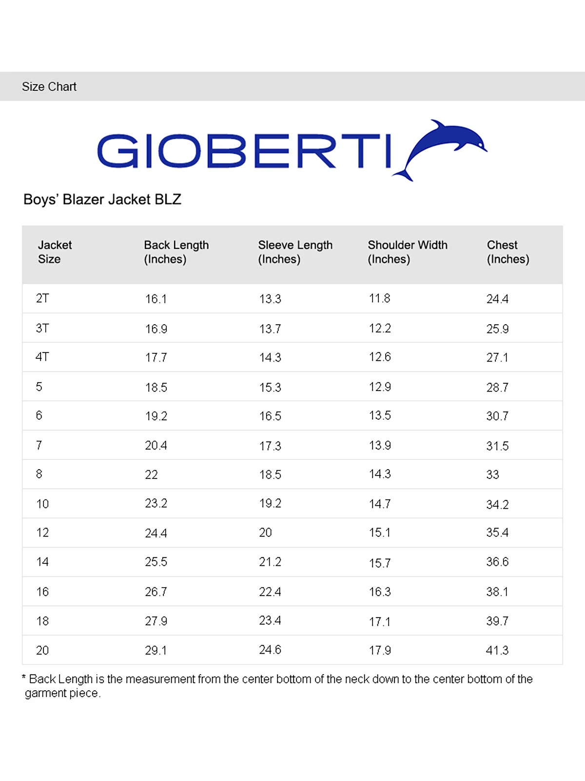 Boy's Formal Blazer size chart