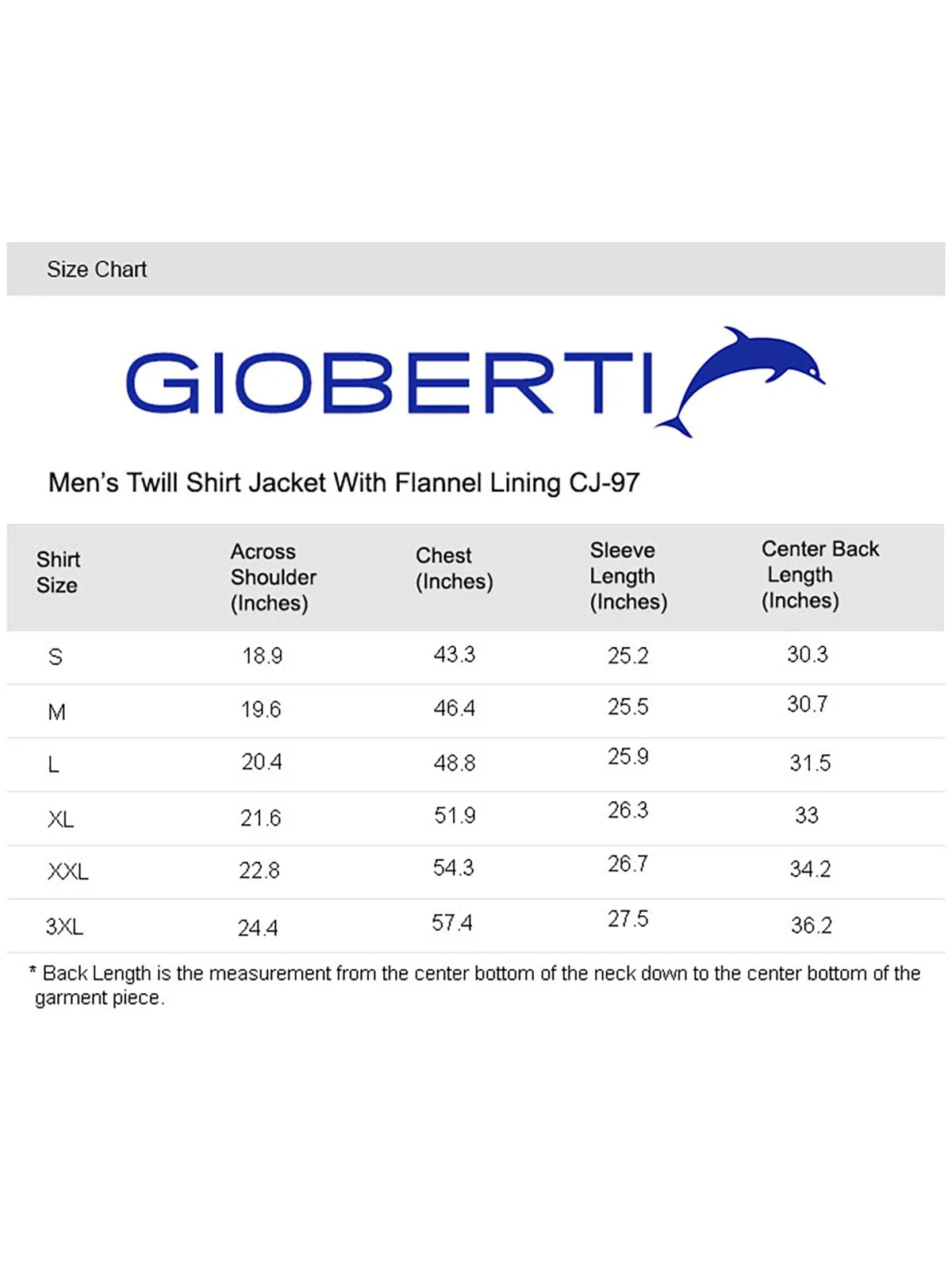 Men's Twill Jacket with Flannel Lining size chart