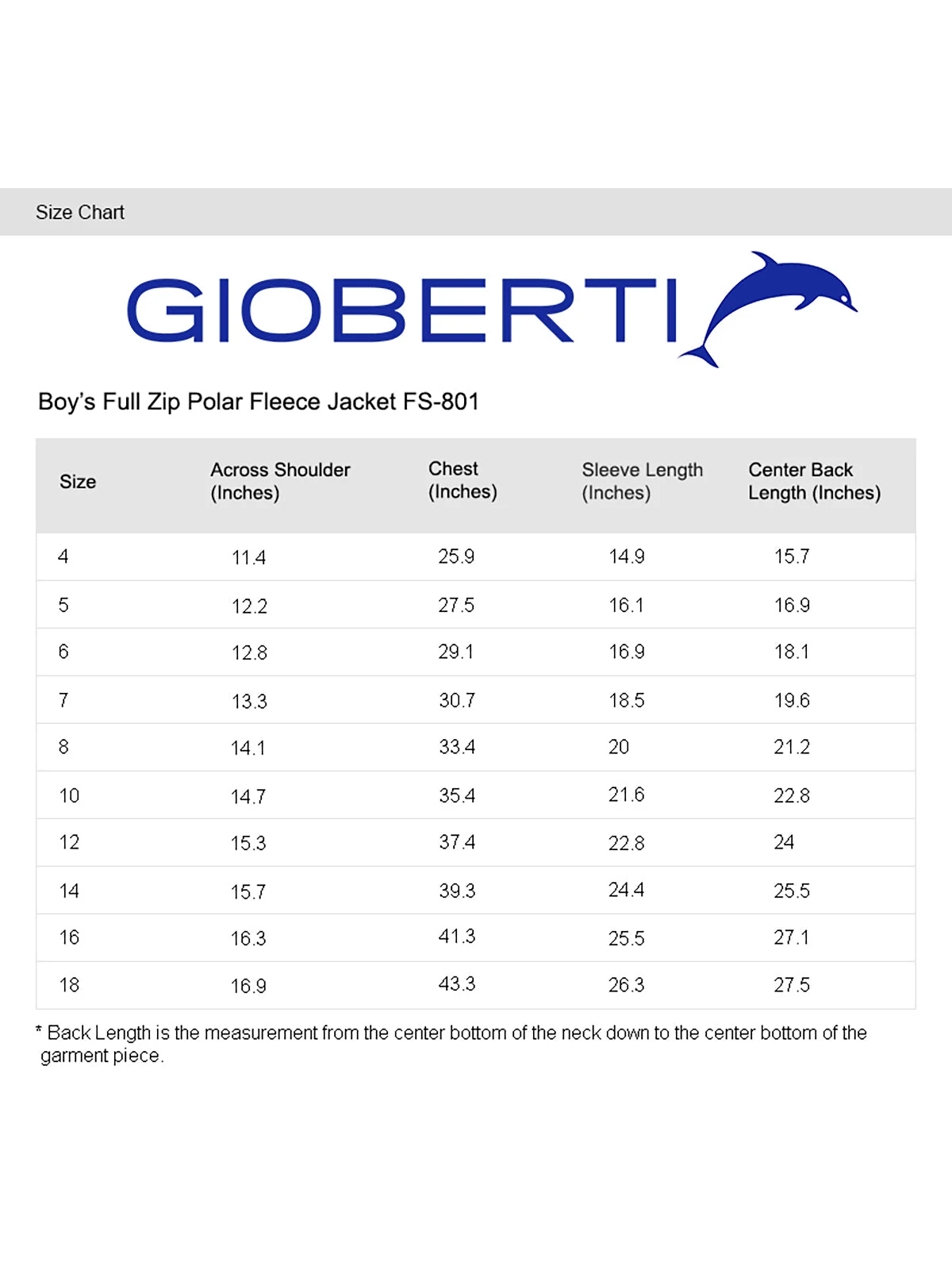 Boy's Polar Fleece Jacket size chart
