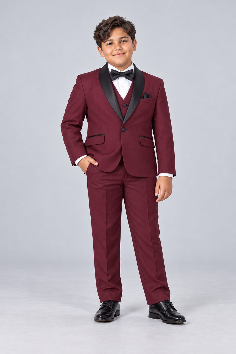 Burgundy Husky Tuxedo — front view on model
