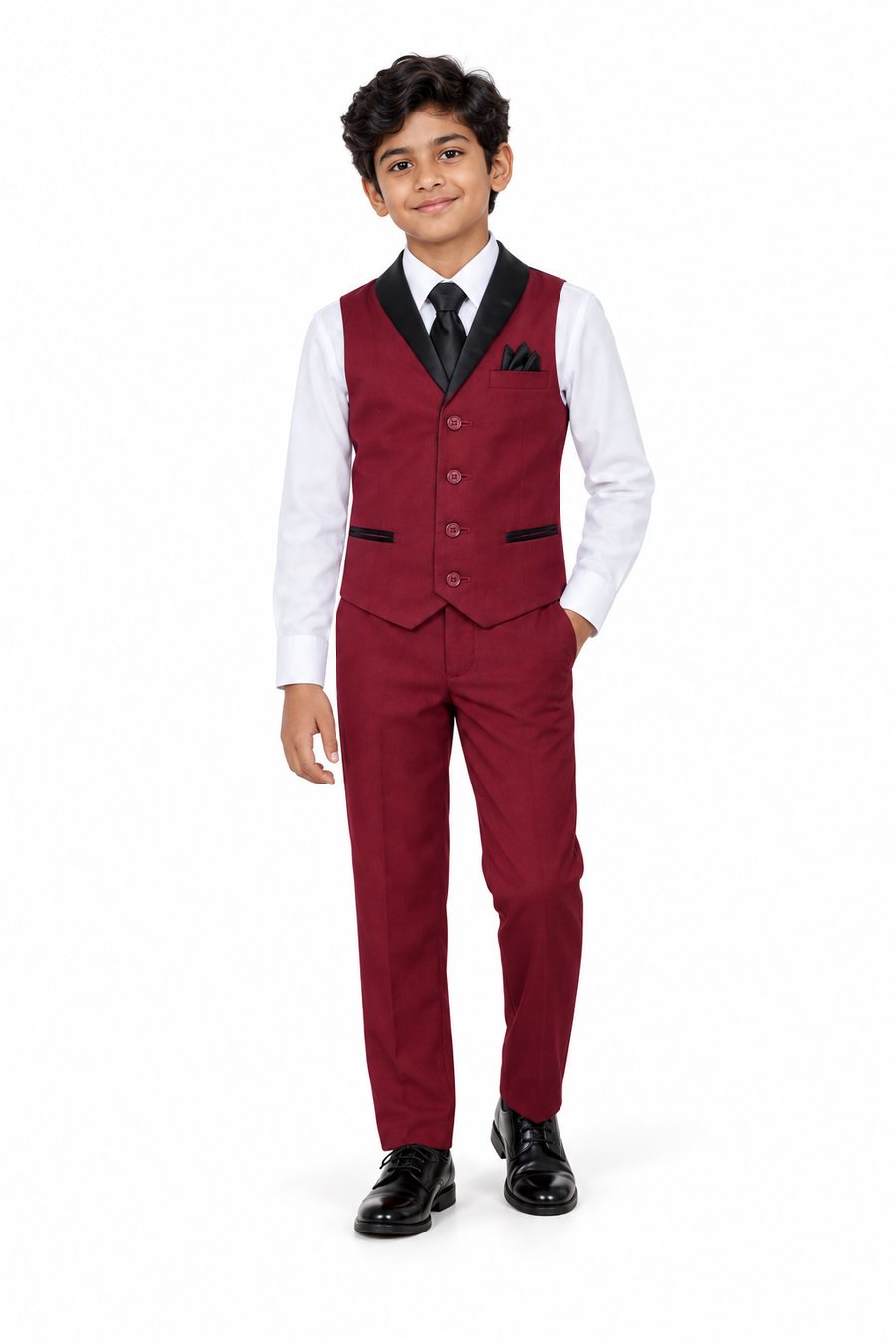 Burgundy Tuxedo Vest Set — front view on model