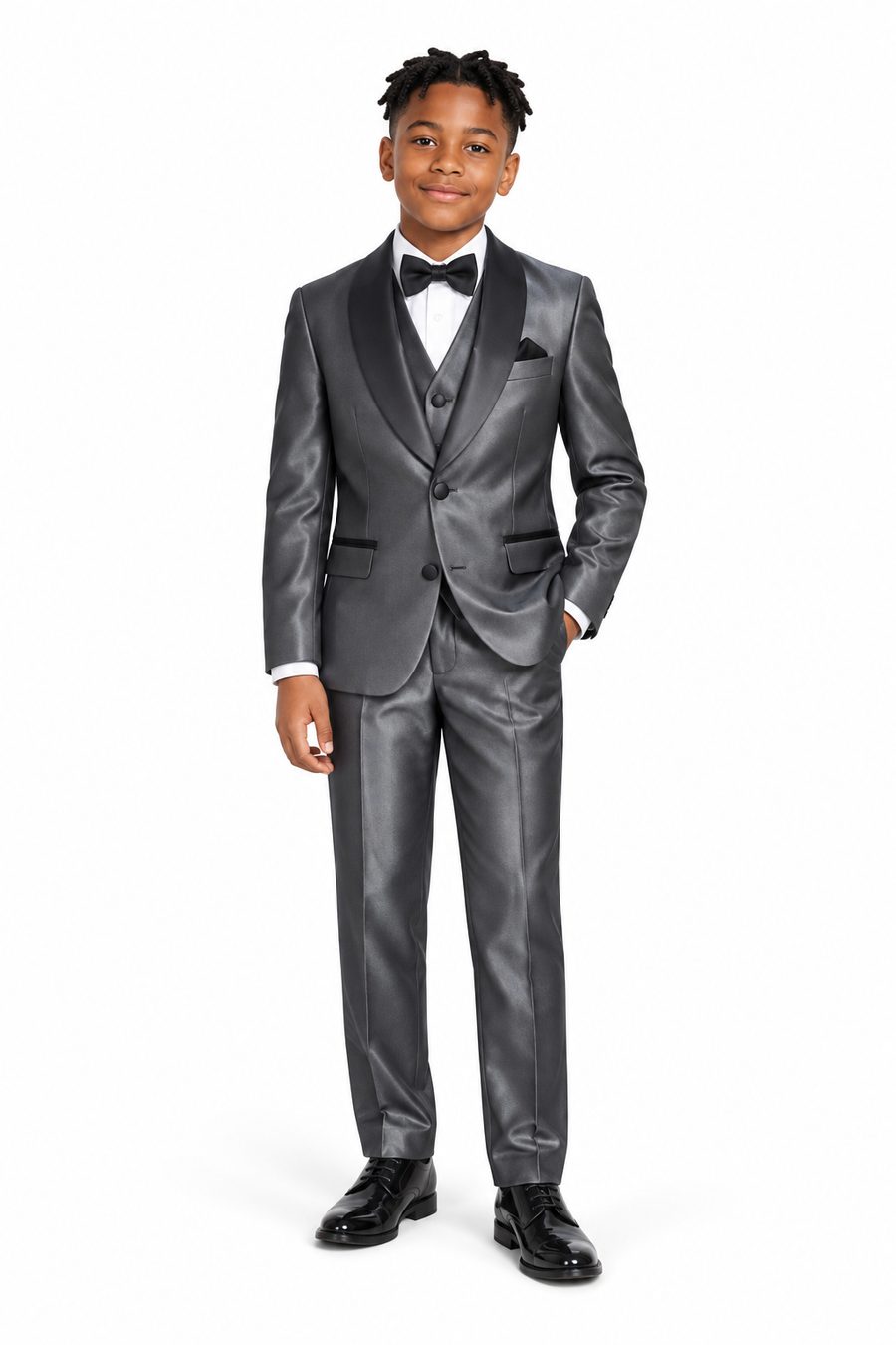Shiny Charcoal Tuxedo — front view on model